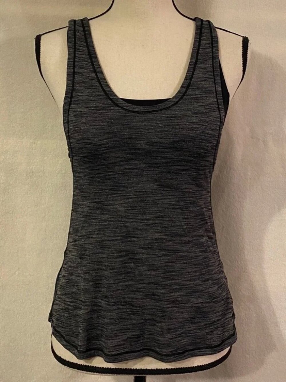 Lululemon Athletica heathered black black mesh layered Glide and Stride tank top